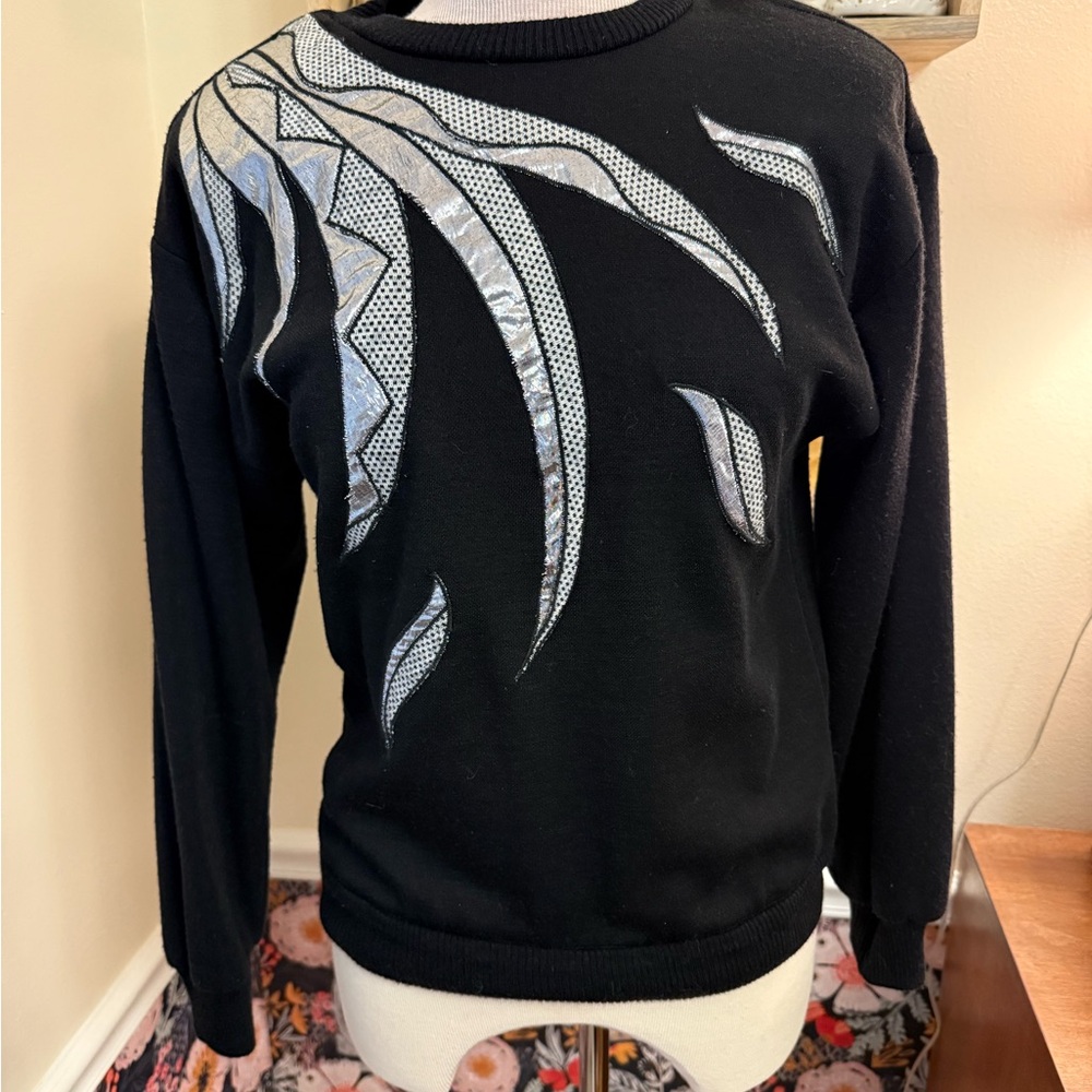 Vintage 80’s silver lame Black Sweater with Shoulder pads small sweatshirt